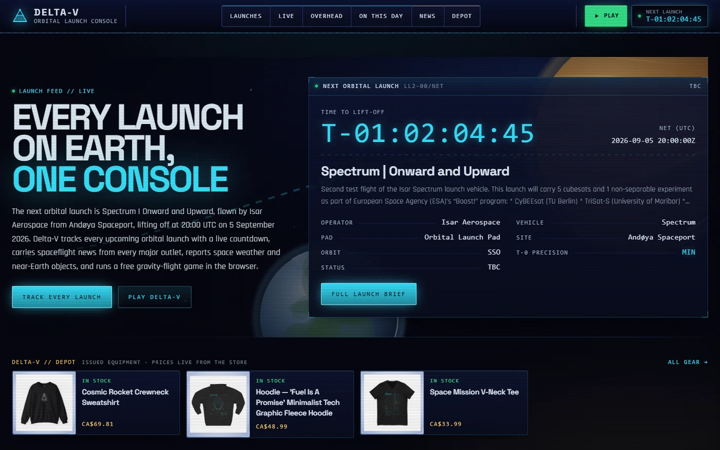 The playdeltav.space home page, a live launch countdown console reading Every launch on Earth, one console