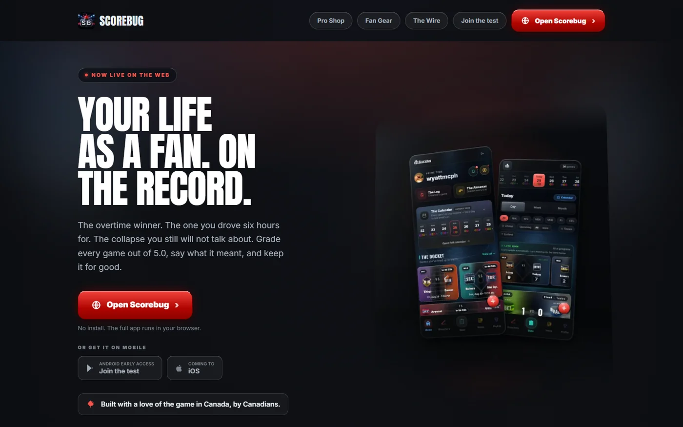 The getscorebug.app home page, with a bold headline reading Your life as a fan, on the record, beside a phone showing the app
