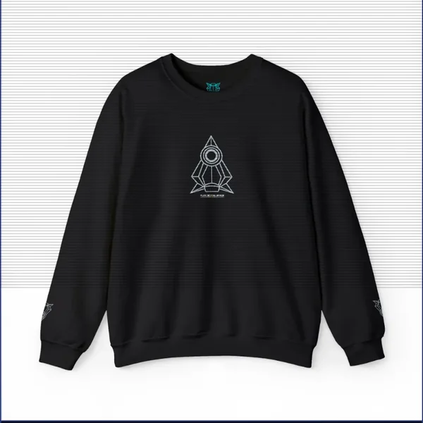 A black crewneck sweatshirt with a small rocket emblem on the chest.
