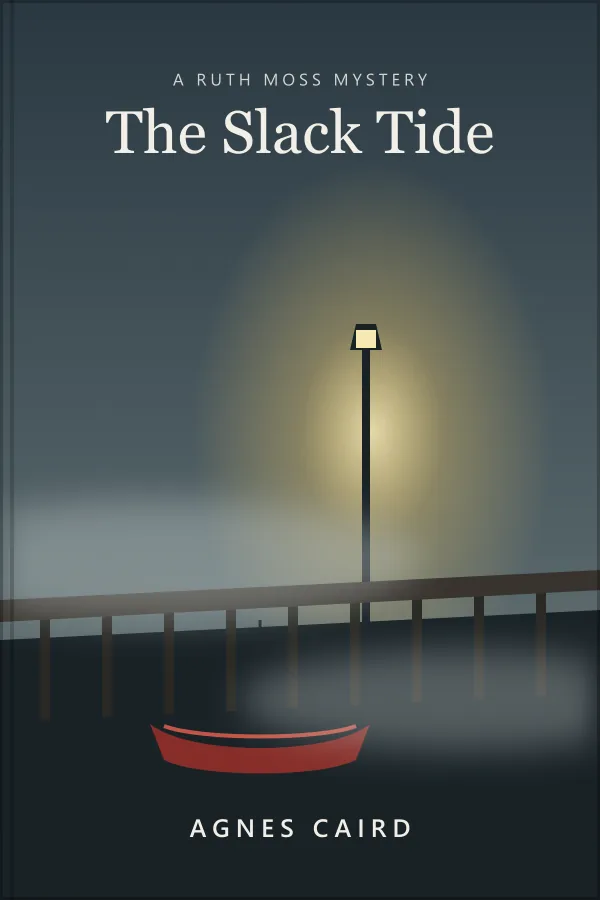 The cover of The Slack Tide: a red dory tied to a foggy wharf at night, one lamp lit