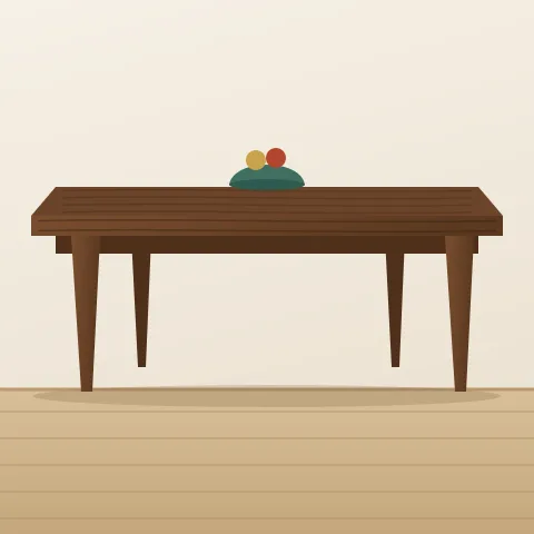 Une longue table de salle à manger en noyer, aux pattes fuselées