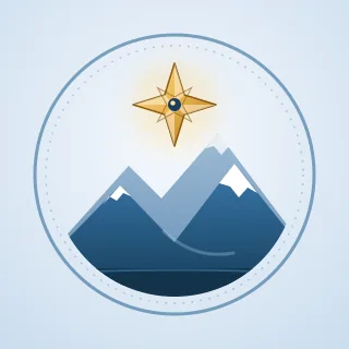 A gold compass star over two snow-capped mountains, inside a ring