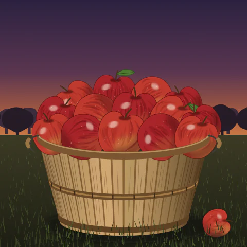 A wooden basket heaped with red apples