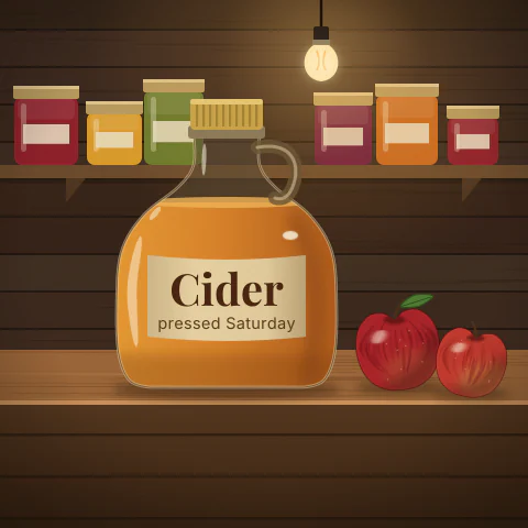 A glass jug of amber cider with a label reading Cider, pressed Saturday