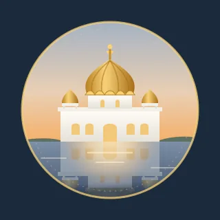 A white gurdwara with a gold dome, reflected in still water at dawn, inside a ring