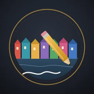 A pencil writing a wavy line in front of a row of coloured houses, inside a ring