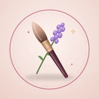 A makeup brush crossed with a sprig of purple sea lavender, inside a ring