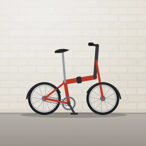 A small-wheeled red folding bike, side on
