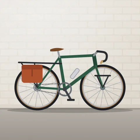 A dark green steel touring bike with racks front and back, side on