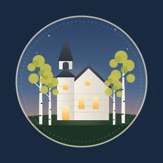 A white wooden church among birch trees, its windows lit gold at dusk, inside a ring