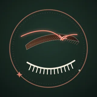 A coral thread looped into the curve of a brow above a closed eye, inside a ring