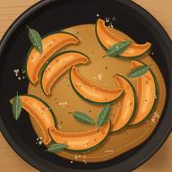 Squash wedges with sage leaves in a cast iron pan