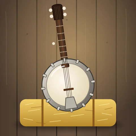 A banjo standing on a hay bale against a wall of weathered boards