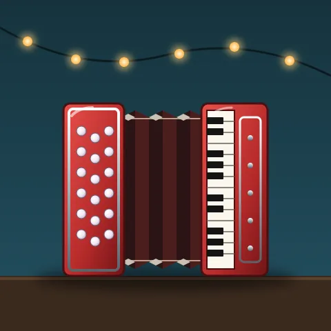 A red accordion with pearl buttons, its bellows half open, under a string of warm lights