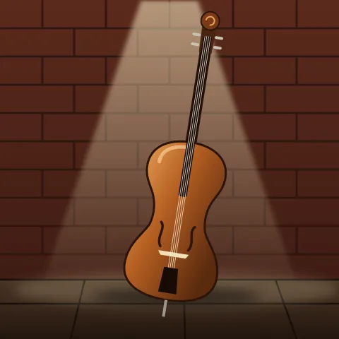 An upright bass leaning against a brick wall in a cone of stage light