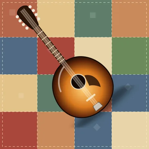 A sunburst mandolin lying on a patchwork quilt