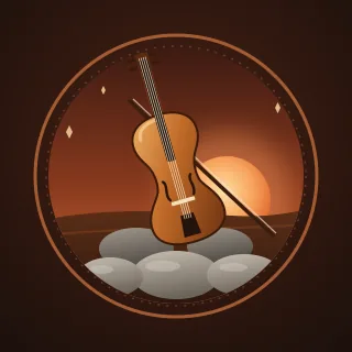 A fiddle leaning on a pile of round fieldstones, a low orange sun behind it, inside a ring
