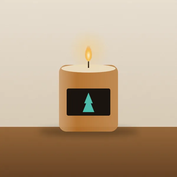 A candle in an amber jar with a black label and a spruce sprig