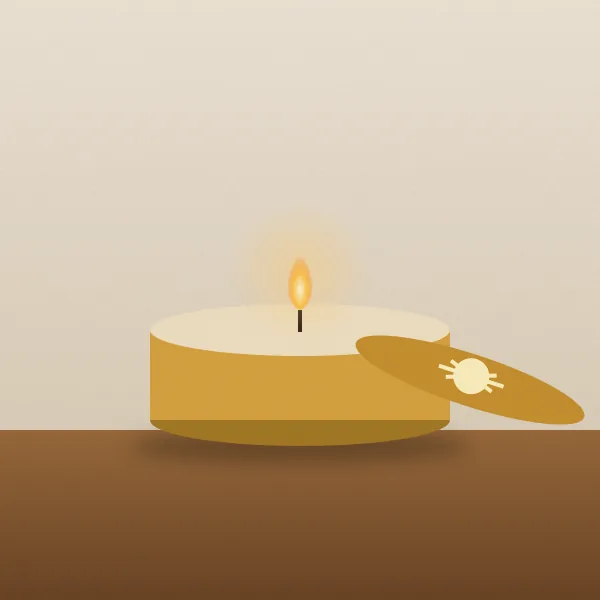 A candle in a gold tin with a sun printed on the lid