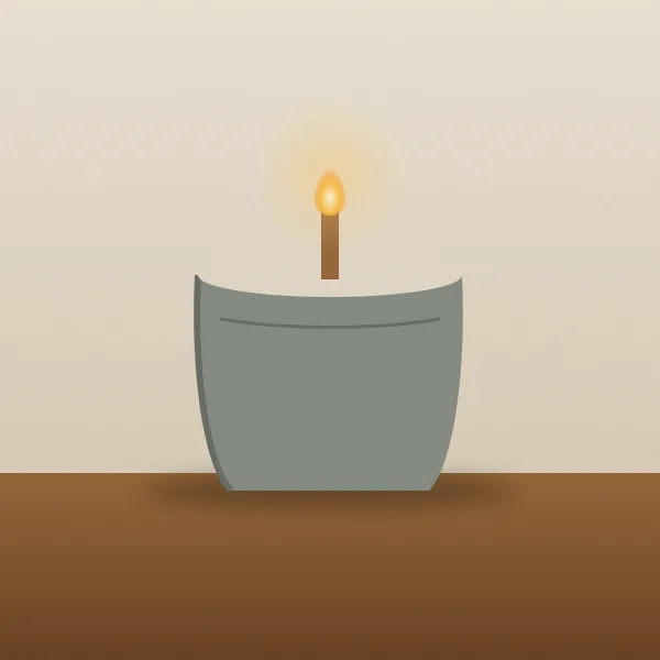 A large candle in a stoneware pot with a wooden wick