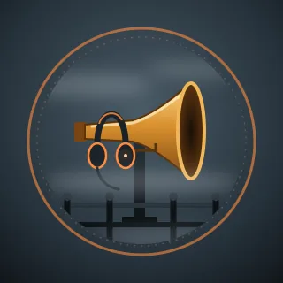 A brass foghorn on a lighthouse railing in the fog, with a gaming headset hung over it, inside a ring