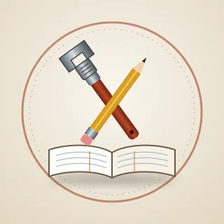 A steel pipe wrench crossed with a yellow pencil over an open ledger, inside a ring