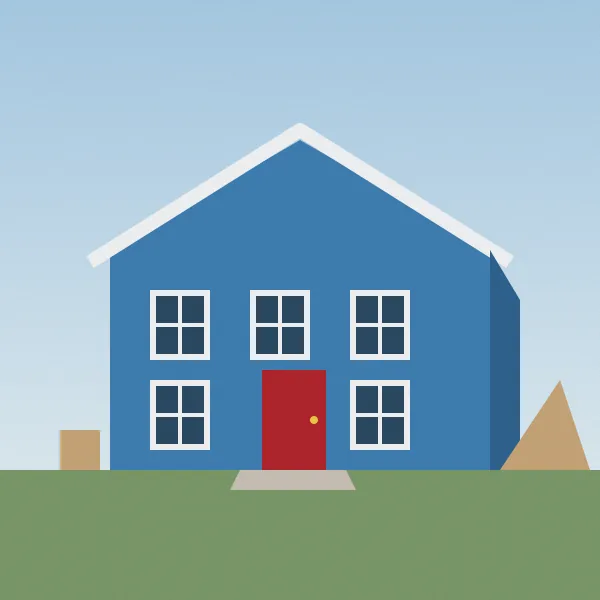A blue saltbox house with white trim and a red door