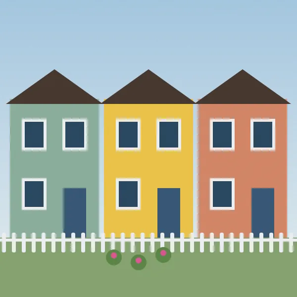 A yellow row house with a small front garden and a picket fence