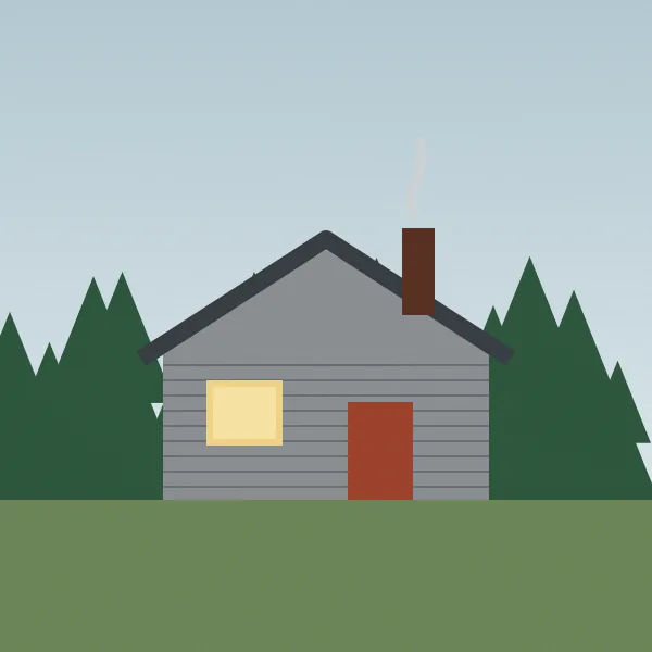A small grey shingled cottage with a wood stove chimney among spruce trees