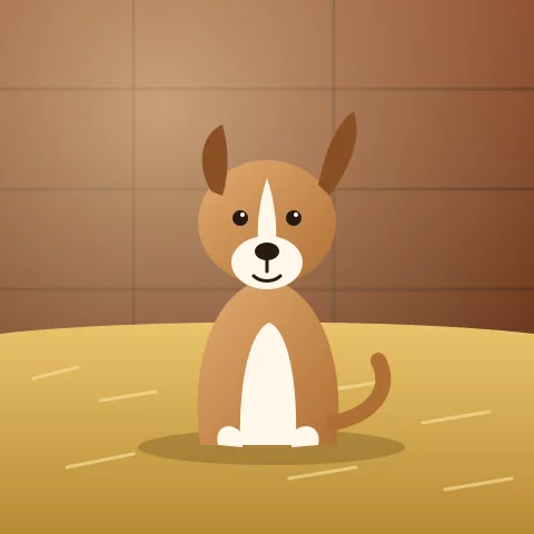 A tan and white farm dog sitting up in the straw of a barn