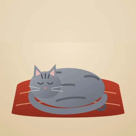 A grey tabby cat curled on a folded red blanket