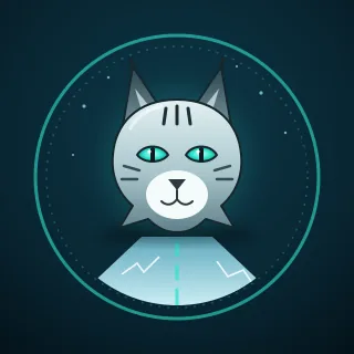 A lynx’s head in teal and white, ear tufts up, over a road of cracked ice, inside a ring