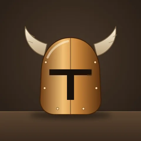 A bronze foam helmet with two curved horns and a T-shaped visor