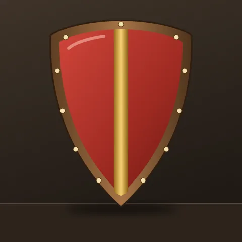 A tall kite-shaped shield, deep red with a gold stripe and studs around the rim