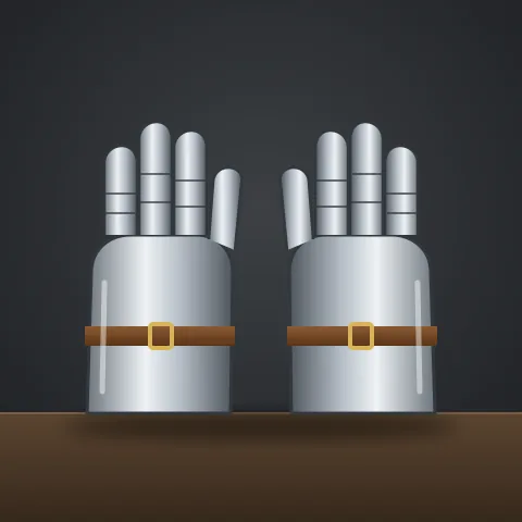 A pair of silver armoured gauntlets with layered finger plates