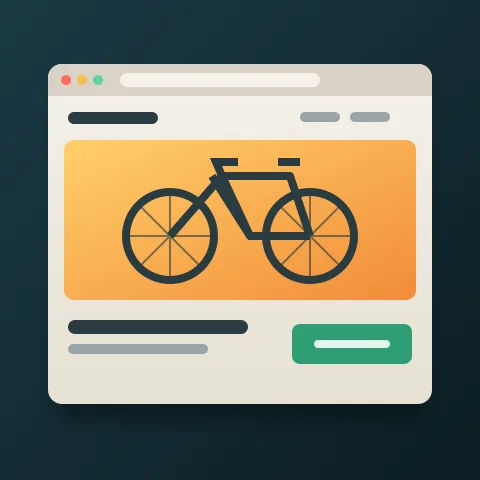 A web page in a browser window with a big bicycle wheel and a green booking button
