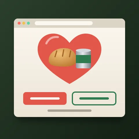 A web page with a loaf of bread and a can inside a heart, over two buttons