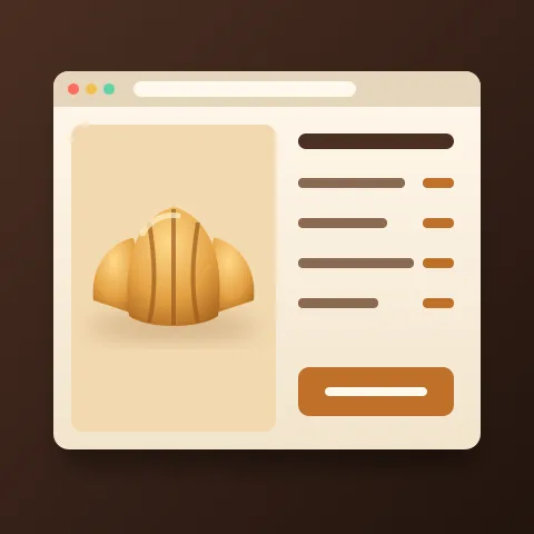 A web page with a golden croissant and a short menu beside it