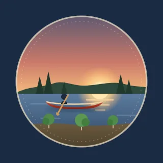 A canoe on a calm lake at dusk, with young shrubs planted along the shore, inside a ring