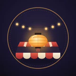 A paper lantern glowing amber under a string of lights, over a striped market awning, inside a ring