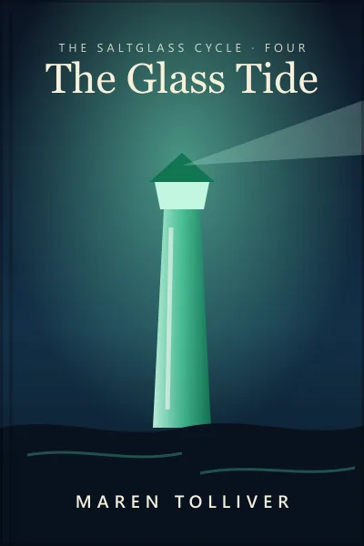 The cover of The Glass Tide: a lighthouse made of green glass rising out of a dark sea