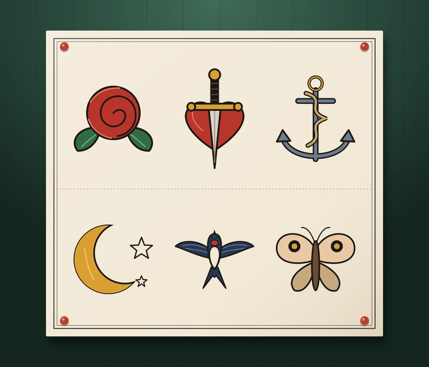 A sheet of her flash pinned to the shop wall: a rose, a dagger through a heart, an anchor, a moon and stars, a swallow and a moth