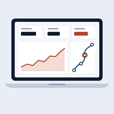 A laptop showing a dashboard: three figure tiles, a rising line chart and a route map with one stop circled