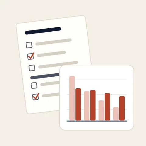 A paper questionnaire with ticked boxes behind a bar chart of raw answers against weighted ones
