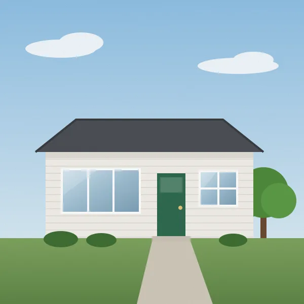 A low white bungalow with a green door, a picture window and a big lawn