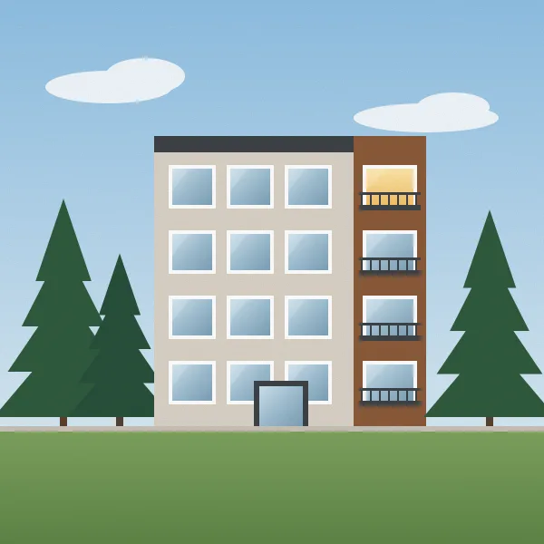 A four-storey condo building with balconies, the top corner one lit, and spruce trees beside it