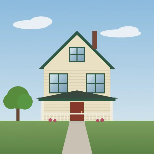 A two-storey house with a steep roof, cream siding, dark green trim and a deep front porch