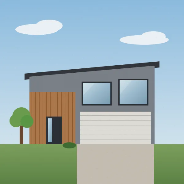A modern grey and wood half duplex with a double garage and a small tree out front