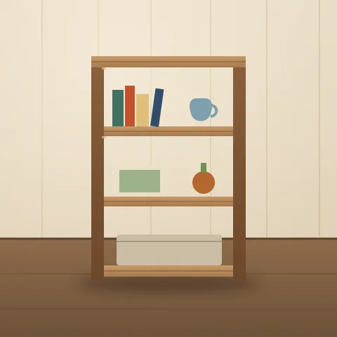 A tall bookshelf of old floorboards with books, a jug and a small plant on it
