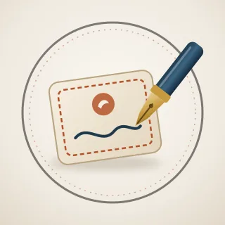 A pen nib drawing a curl on a paper label, inside a ring